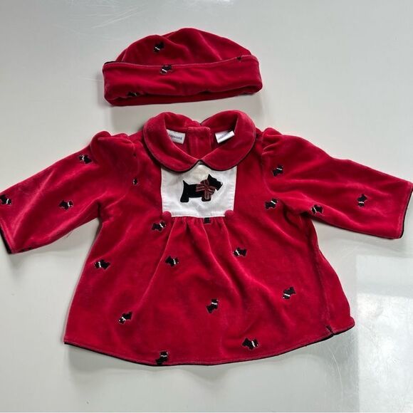 TWO Vintage 1990s Red Velvet Baby Dresses Lacey Floral Schnauzer Dog with Hat - Picture 4 of 13